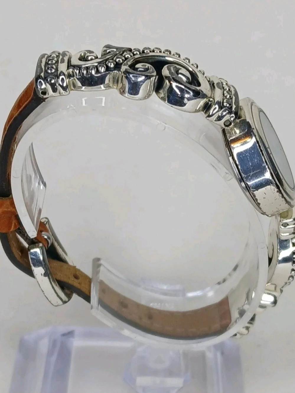 Brighton Bordeaux Ladies Watch Silver Tone Swirl Brown Leather Strap Quartz